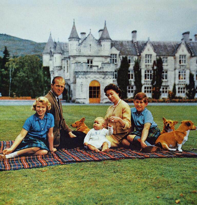 Photograph of Queen Elizabeth II with the Duke of Edinburgh and their children at Balmoral Castle